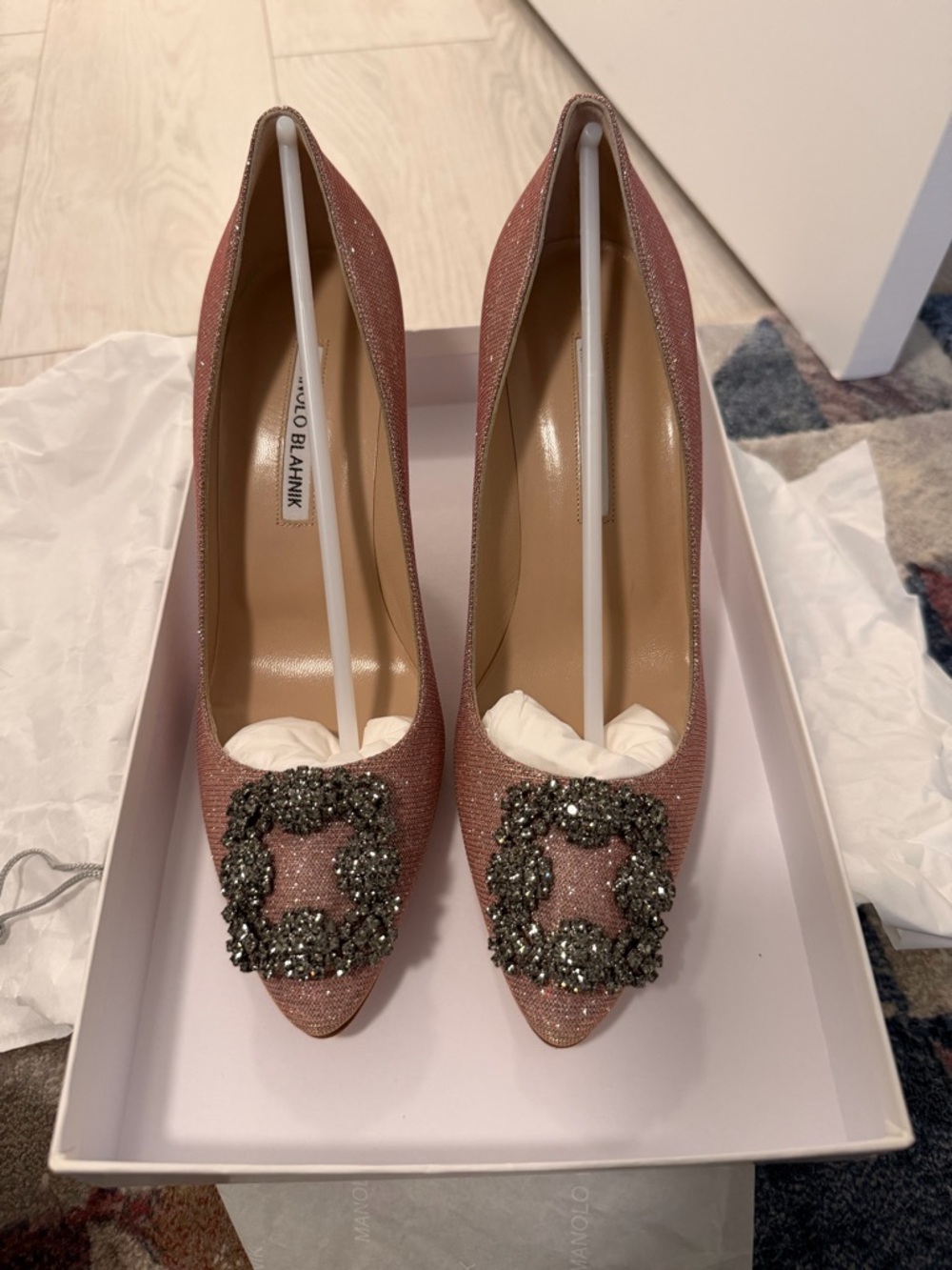 Manolo Blahnik Pink Crystal-Buckle Pointed Toe Pumps 70mm